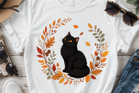 Download Fall Black Cat Autumn Wreath PNG - Black Collection